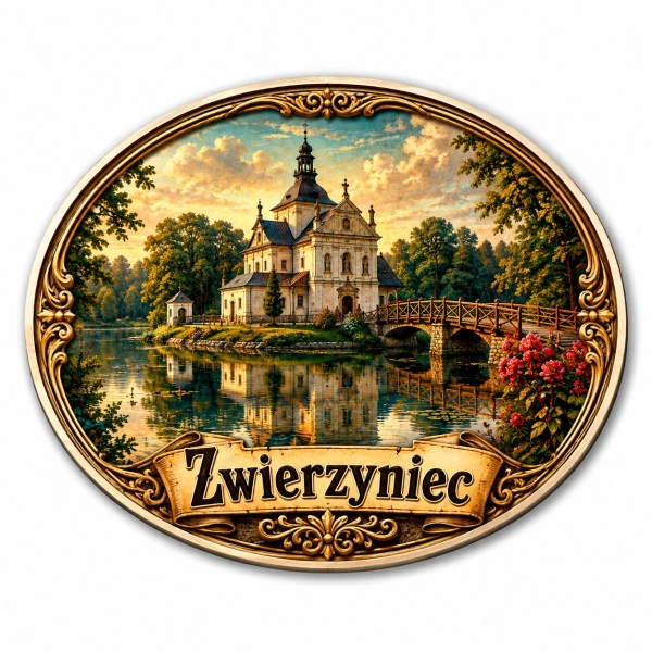 Magnes pamiątkowy z widokiem kościoła na wodzie w Zwierzyńcu