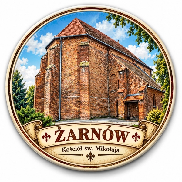 Pamiątkowy magnes z motywem kościoła św. Mikołaja w Żarnowie