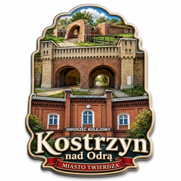 Magnes pamiątkowy z motywem dworca kolejowego w Kostrzynie nad Odrą