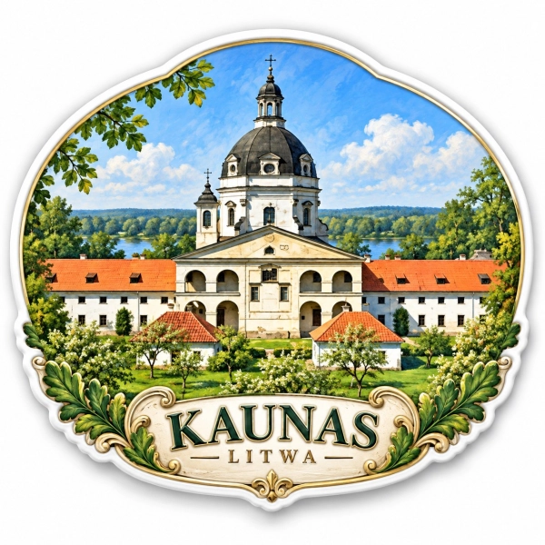 Magnes pamiątkowy z motywem architektury historycznej Kowna na Litwie