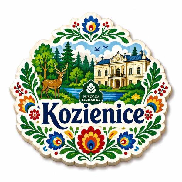 Magnes pamiątkowy Puszczy Kozienickiej z pałacem, lasem i jeleniem