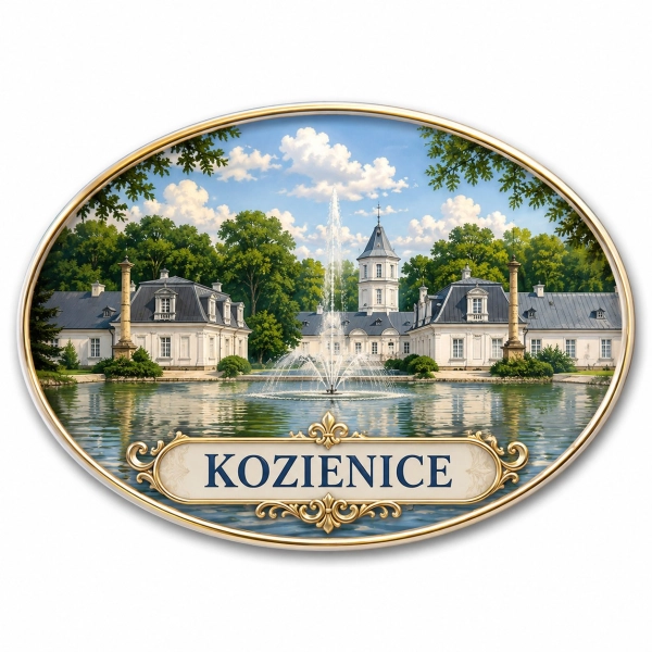 Magnes pamiątkowy Kozienice z pałacem, fontanną i drzewami