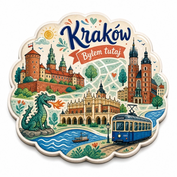 Pamiątkowy magnes Kraków z widokiem Wawelu, Katedry Mariackiej i tramwaju