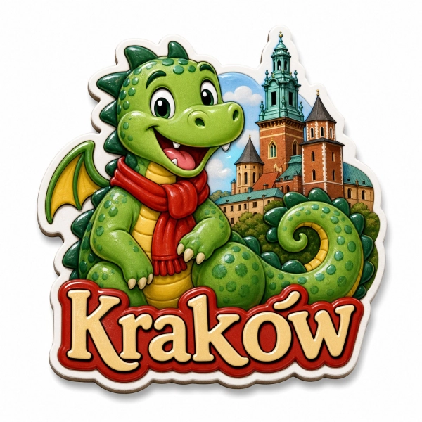 Magnes pamiątkowy przedstawiający smoka w czerwonym szaliku na tle Krakowa