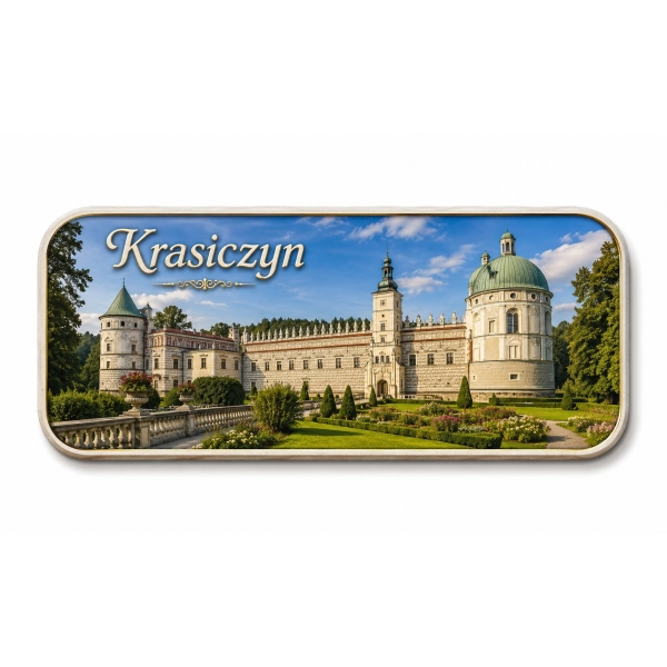 Magnes pamiątkowy z widokiem zamku w Krasiczynie, ogrodem i parkiem