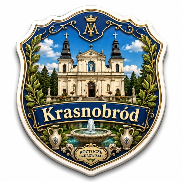 Pamiątkowy magnes z motywem kościoła w Krasnobrodzie
