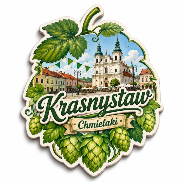Pamiątkowy magnes Krasnystaw z motywem chmielu i kościoła