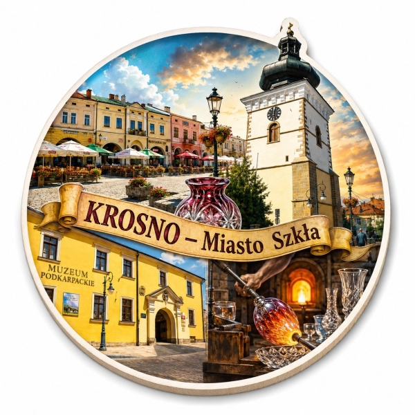 Magnes pamiątkowy Krosno – Miasto Szkła z ilustracją miejskiej ulicy, szklarza i szkła