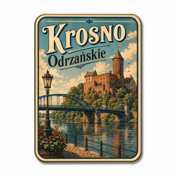 Pamiątkowy magnes Krosno Odrzańskie z motywem zamku nad rzeką