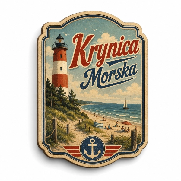 Magnes pamiątkowy Krynica Morska z motywem latarni morskiej, plaży i morza