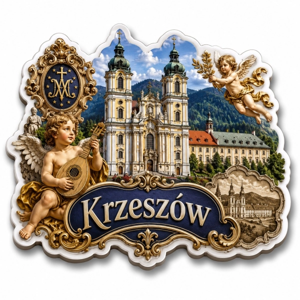 Pamiątkowy magnes Krzeszów z motywem kościoła