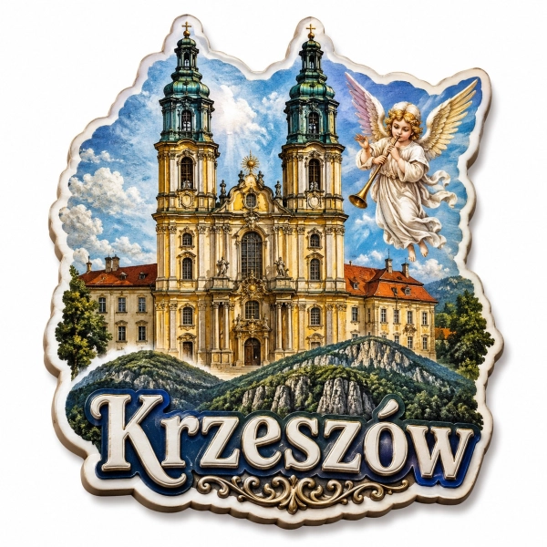Magnes pamiątkowy z motywem katedry w Krzeszowie