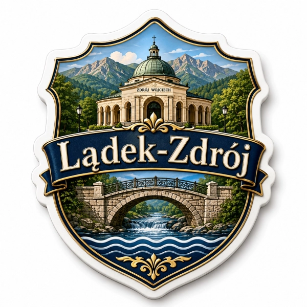 Magnes pamiątkowy Lądek-Zdrój z motywem Zdroju Wojciecha, zabytkowym budynkiem i mostem nad rzeką