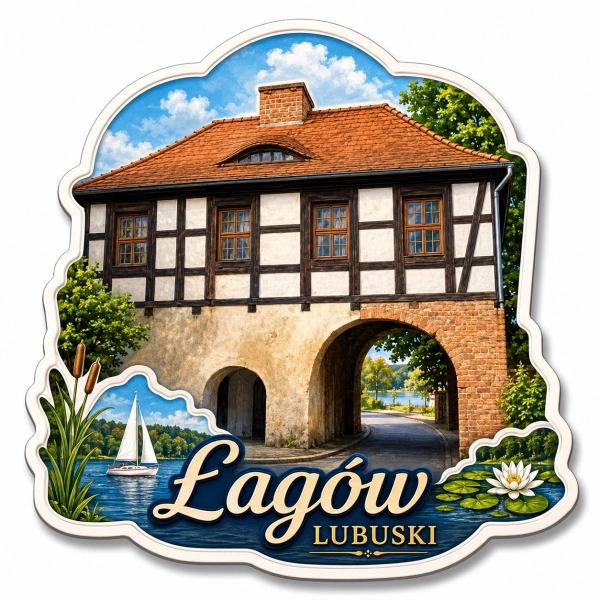 Magnes pamiątkowy Łagów Lubuski z motywem budynku o charakterystycznym dachu i oknach