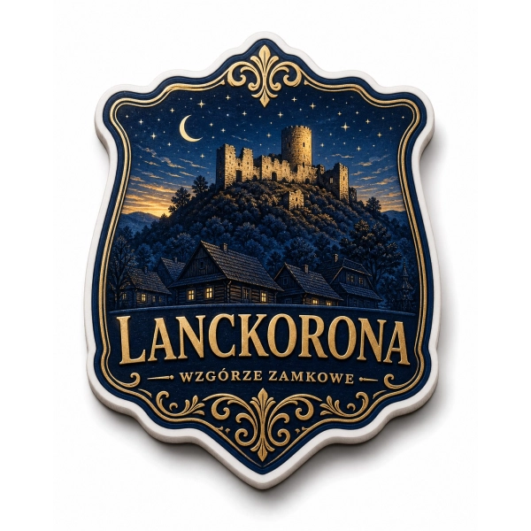 Magnes pamiątkowy Lanckorona – nocny widok wzgórza zamkowego i drewnianych domów