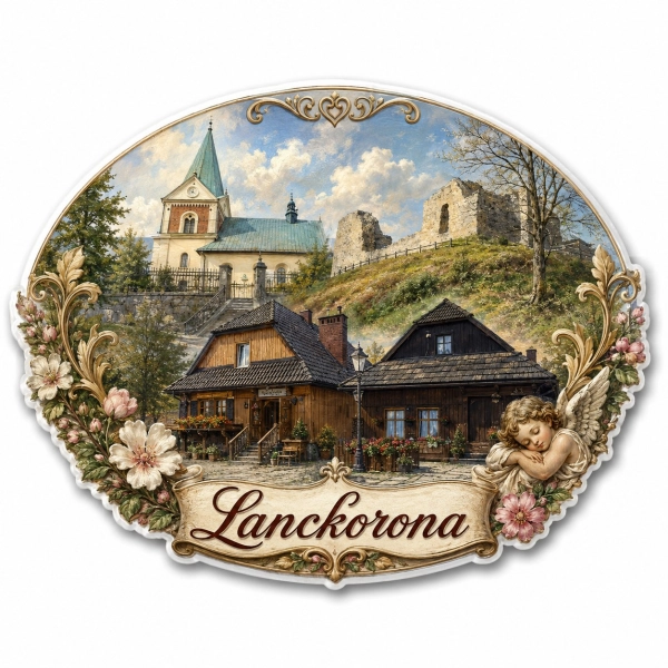 Magnes Lanckorona z krajobrazem, kościołem, ruinami zamku i drewnianymi domami