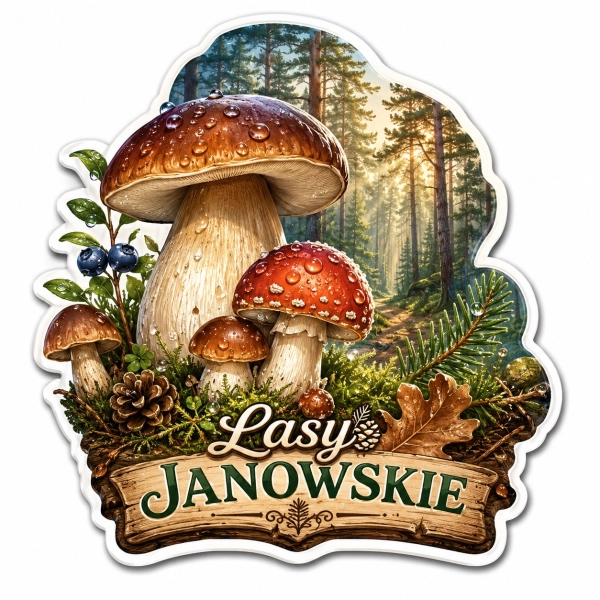 Pamiątkowy magnes Lasy Janowskie z motywem grzybów, jagód i gałęzi drzew