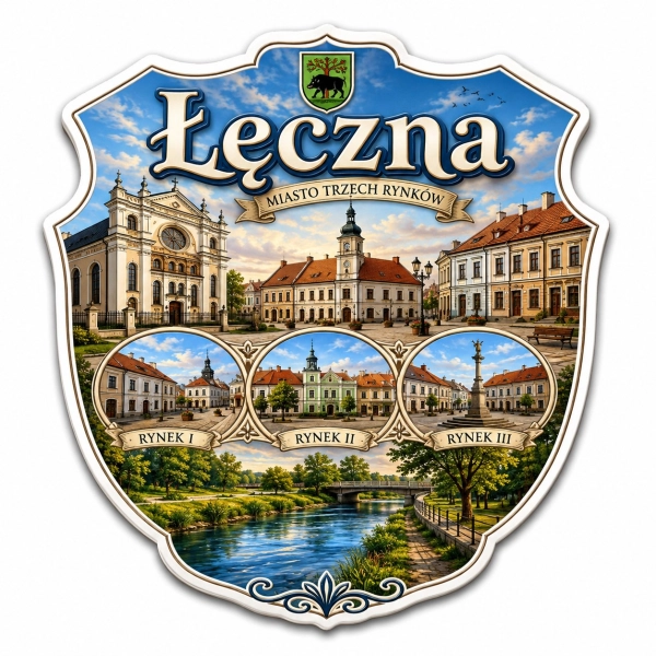 Magnes pamiątkowy Łęczna z motywem trzech rynków