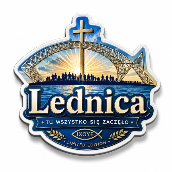 Pamiątkowy magnes Lednica z Mostem Lednickim, krzyżem i sylwetkami ludzi na tle zachodzącego słońca