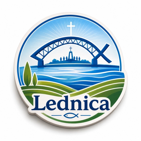 Pamiątkowy magnes Lednica z motywem mostu nad rzeką, krzyżem i figurkami ludzkimi