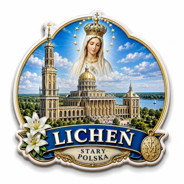 Pamiątkowy magnes Licheń Stary z motywem bazyliki Mariackiej