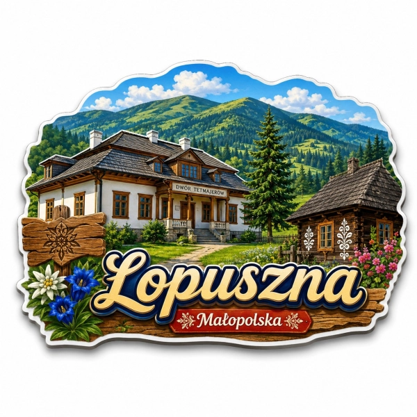 Magnes Łopuszna z domem regionalnym i widokiem na góry oraz lasy