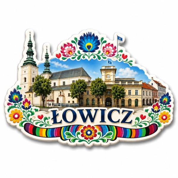 Magnes Łowicz z widokiem zabytkowych budynków, motywami kwiatowymi i sercem