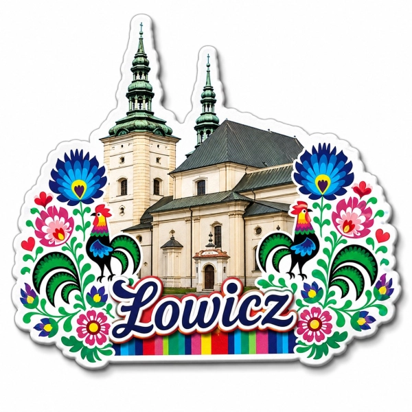 Pamiątkowy magnes Łowicz z motywem kościoła, kwiatów i kogutów ludowych