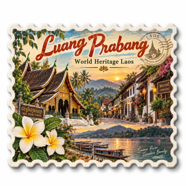 Magnes pamiątkowy Luang Prabang z widokiem na świątynię, tradycyjne domy i rzekę z łodziami