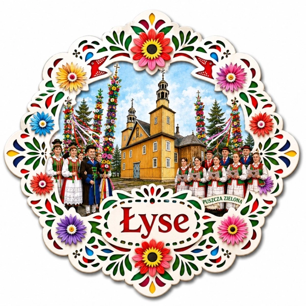Magnes Łyse z grupą ludzi w strojach tradycyjnych przed drewnianym kościołem
