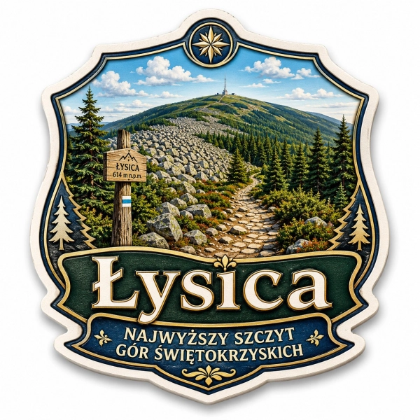 Pamiątkowy magnes Łysica z widokiem na najwyższy szczyt Gór Świętokrzyskich
