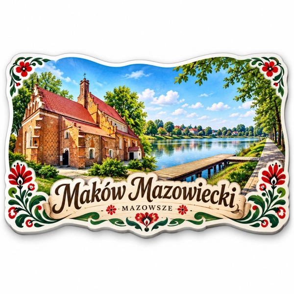 Magnes turystyczny z widokiem na Maków Mazowiecki, kościół, rzekę i molo