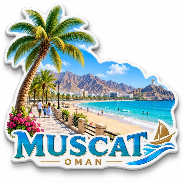 Magnes pamiątkowy z widokiem na plażę w Maskacie, Oman