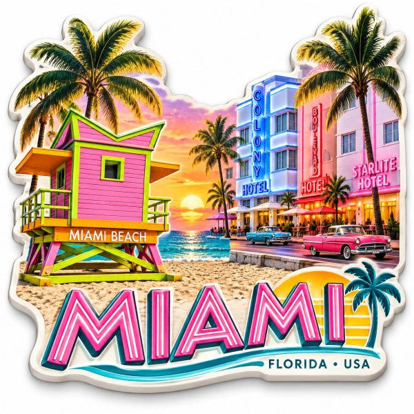Magnes pamiątkowy Miami na białej płycie HDF z nadrukiem UV