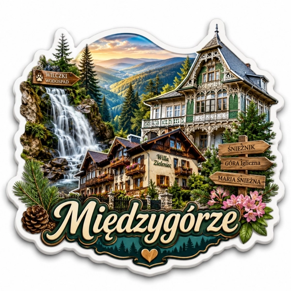 Magnes pamiątkowy Międzygórze z motywem wodospadu i tradycyjnych domów