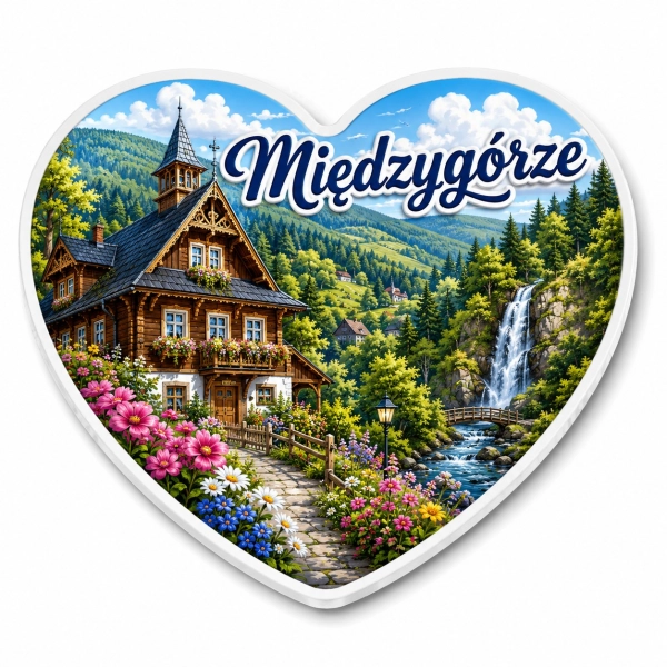 Magnes Międzygórze z widokiem na drewniany dom w górach, kwiaty i wodospad