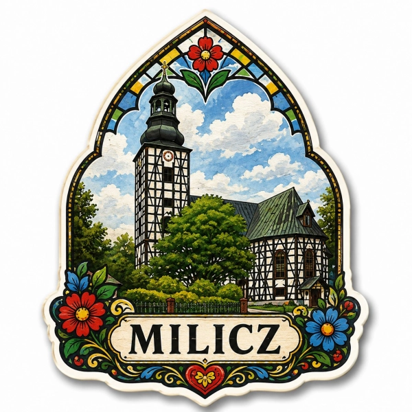 Magnes pamiątkowy Milicz z motywem kościoła