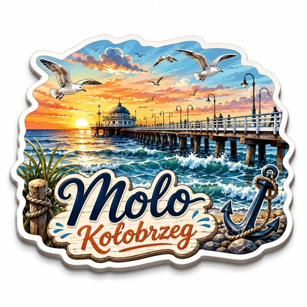 Pamiątkowy magnes Molo w Kołobrzegu z widokiem zachodzącego słońca i latarnią morską
