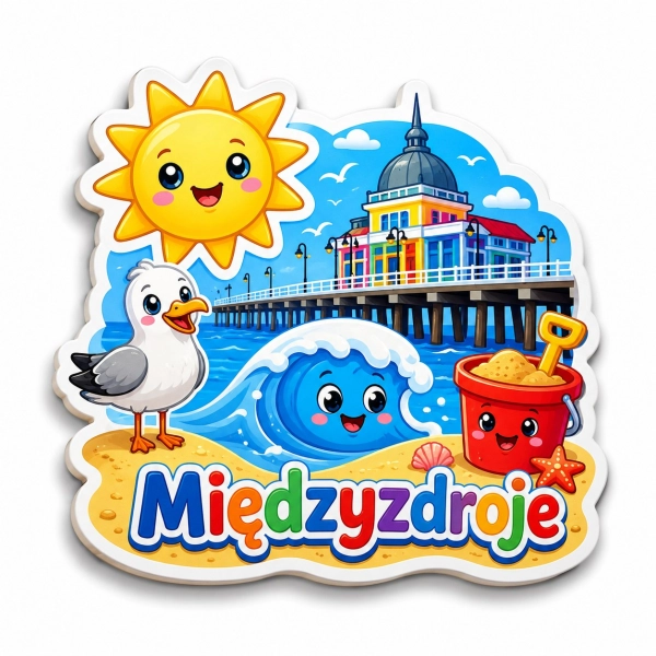 Pamiątkowy magnes z plażą, morzem, słońcem i kolorowym budynkiem na molo w Międzyzdrojach