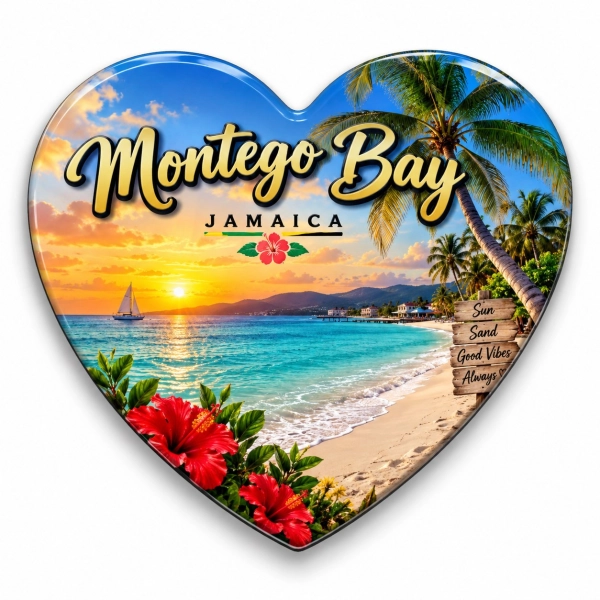 Pamiątkowy magnes Montego Bay, Jamajka z plażą, palmami kokosowymi, hibiskusem i zachodem słońca