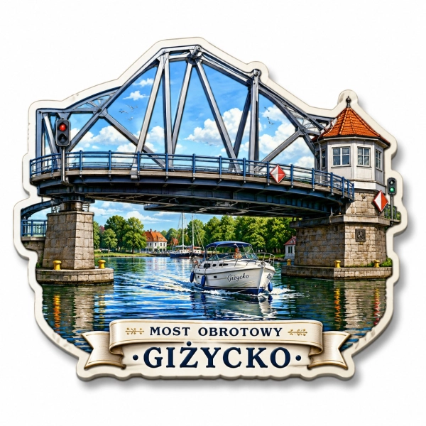 Pamiątkowy magnes przedstawiający Most Obrotowy w Giżycku oraz jacht płynący pod przerzuconym mostem