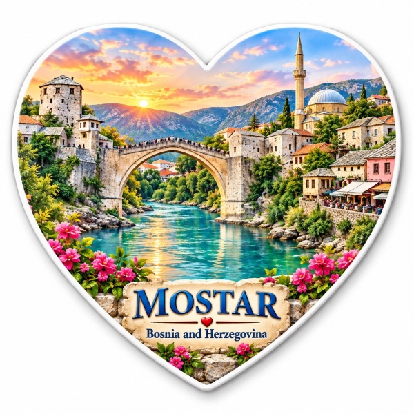 Magnes sercowy z widokiem na Stary Most i meczet w Mostarze