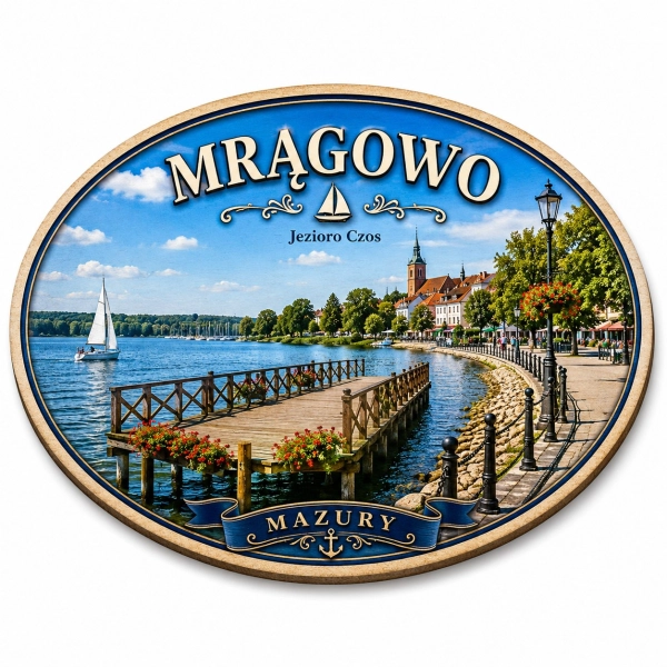 Pamiątkowy magnes Mrągowo z widokiem jeziora Czos, drewnianym molo i kwiatami