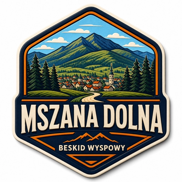 Magnes pamiątkowy Mszana Dolna z krajobrazem Beskidu Wyspowego