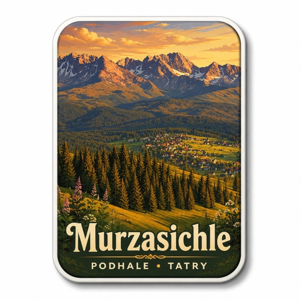 Magnes pamiątkowy Murzasichle z panoramą Tatr, doliną i lasami iglastymi