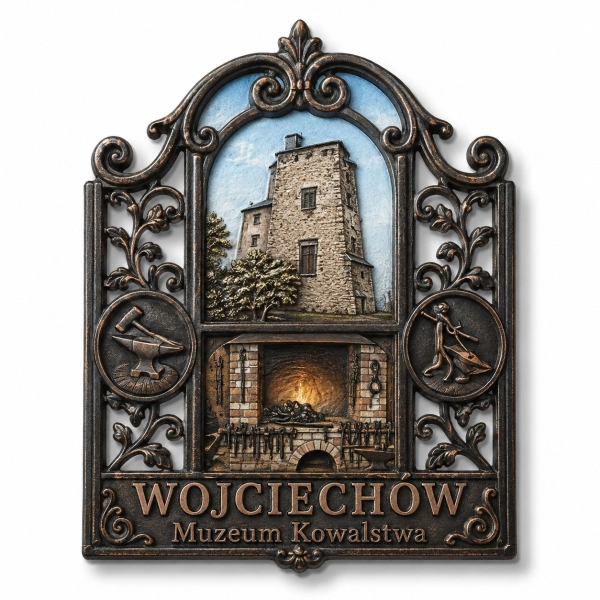Magnes pamiątkowy Muzeum Kowalstwa w Wojciechowie z motywem zamku i pieca kowalskiego