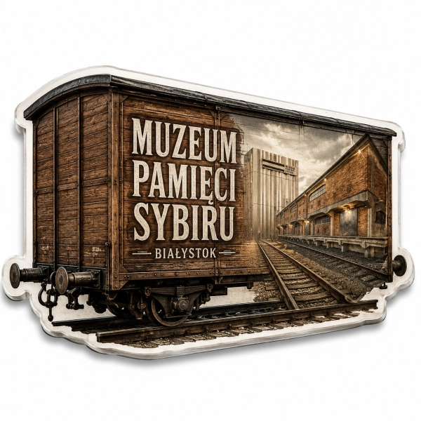 Pamiątkowy magnes Muzeum Pamięci Sybiru w Białymstoku z motywem wagonu kolejowego