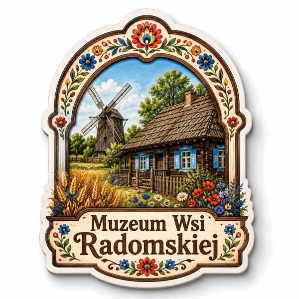 Pamiątkowy magnes Muzeum Wsi Radomskiej z motywem tradycyjnego domu i wiatraka na tle krajobrazu