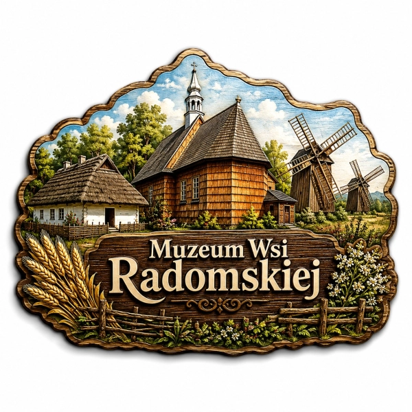 Pamiątkowy magnes Muzeum Wsi Radomskiej z motywem drewnianego kościoła