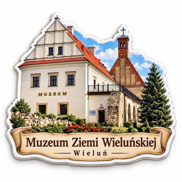 Magnes Muzeum Ziemi Wieluńskiej na białej płycie HDF